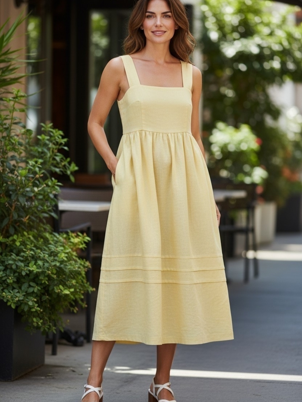 a new day Pale Yellow Square-Neck Midi Dress